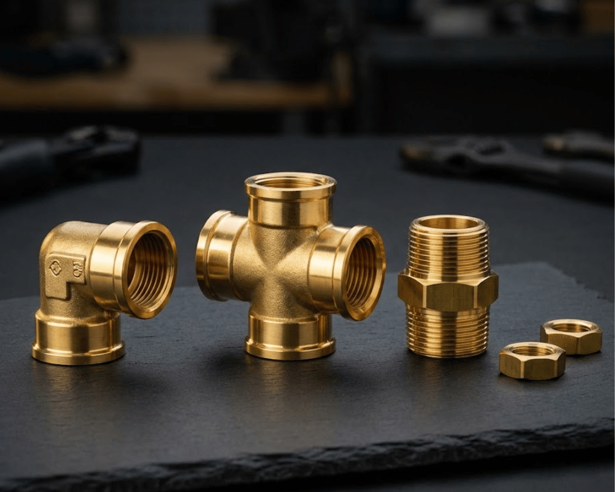 Brass pipe fittings including elbow, tee and coupling in polished finish for industrial applications
