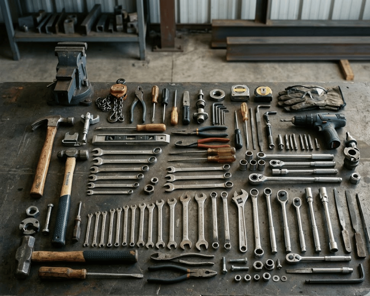 Construction hardware tools including spanners and industrial equipment for building applications