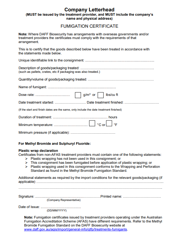 Fumigation Certificate for Export